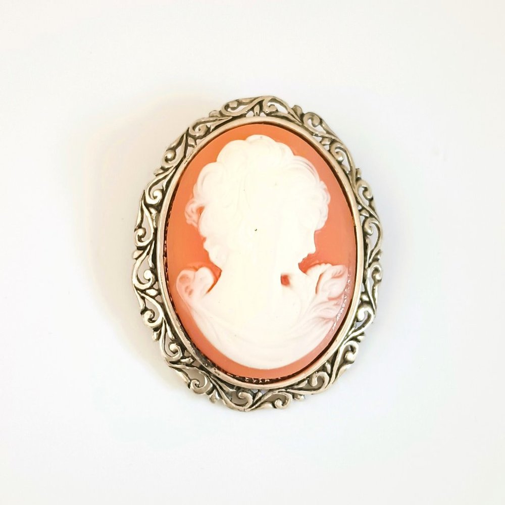 Jezlaine Vintage 925 Cameo Brooch Sterling Silver Scroll Design Gift for Mom